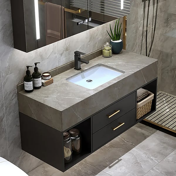 35" Floating Black & Gray Bathroom Vanity with Sintered Stone Vessel Sink with 2 Drawers