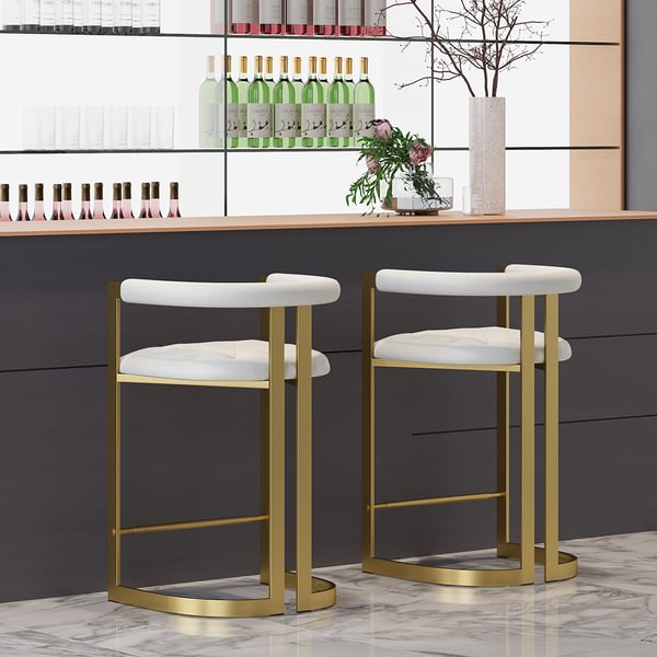 Modern Bar Height Bar Stool with Back White Upholstery Counter Stool in Gold