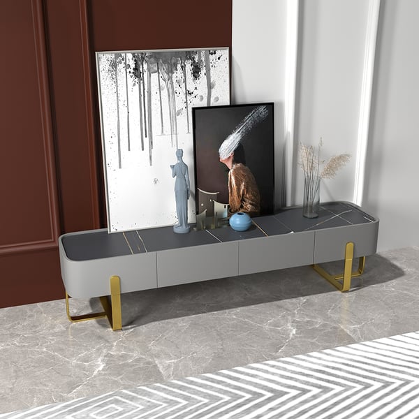 79" Modern Gray TV stand Stone Top Minimalist Media Console with Drawers in Large