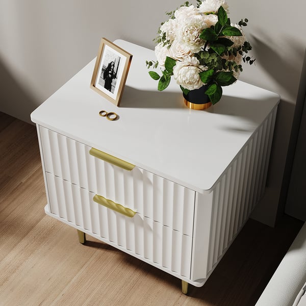 Modern White Nightstand 2 Drawer Bedside Table with Gold Legs