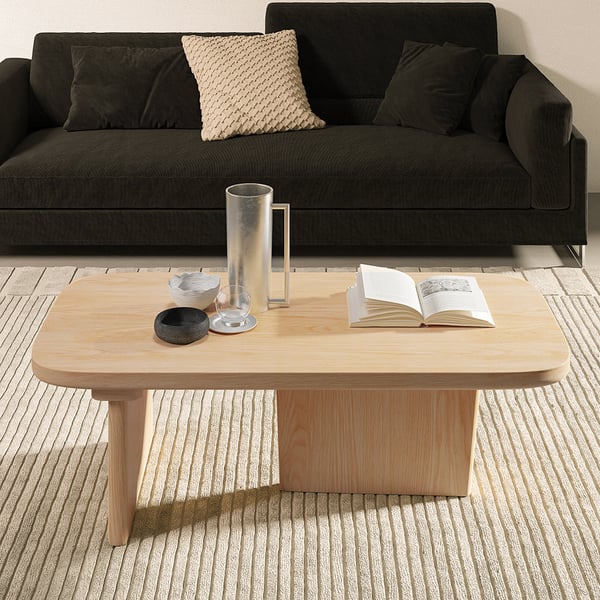 47.2" Pine Wood Coffee Table Rectangle-shaped in Natural with Abstract Base