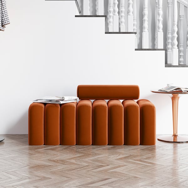 Modern Line Tufted Entryway Bench Upholstered Bench with Round Back Orange
