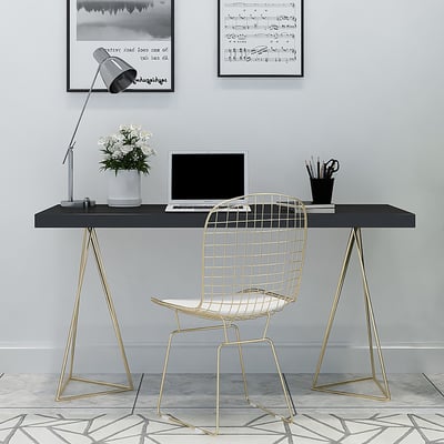 55" Black Rectangular Wood-Top Writing Desk for Home Office with 2 Gold Pedestal