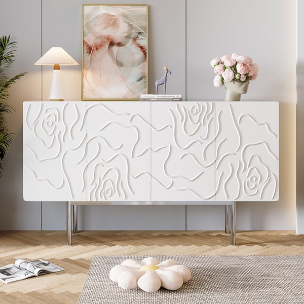 59" White Sideboard Buffet with Doors Modern Carved Credenza Adjustable Shelves