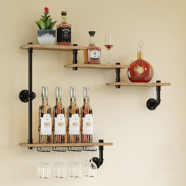 Industrial Wall Mounted Wine Rack Wood & Metal with Stemware Holder