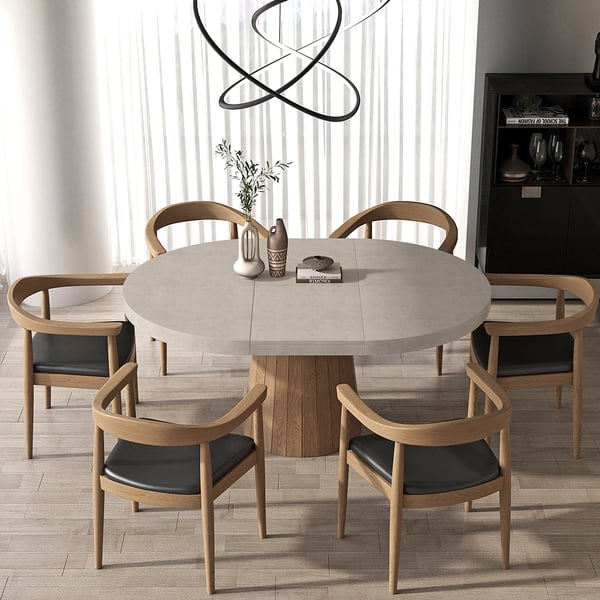 Japandi 39"-55" Extendable Dining Table 6-Seater Gray Oval&Round Table Pedestal