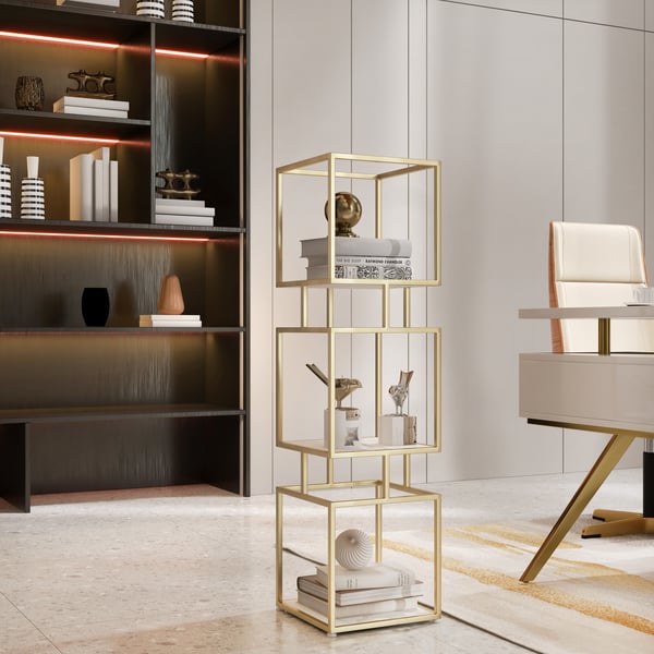 3-Tier Modern Black Cube Bookcase with Metal Tower Display Shelf in Gold Frame