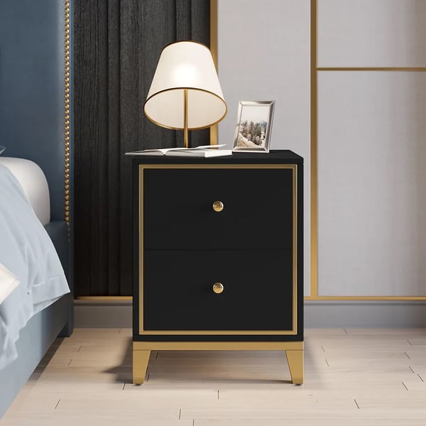 Black Modern Nightstand Bedside Table with 2-Drawer and Gold Legs