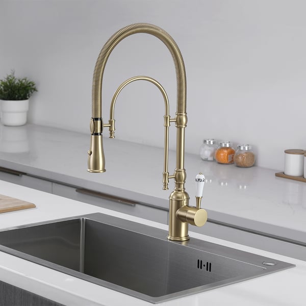 Brushed Gold High Arc Dual-Mode Pull-Down Kitchen Faucet Solid Brass Porcelain Handle
