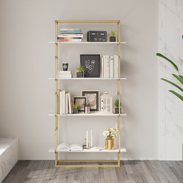 70.9" Modern Freestanding Etagere Bookshelf in Gold & White