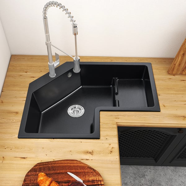 32" Modern Black Drop In Corner Kitchen Sink Single Bowl Quartz Irregular Right Sink