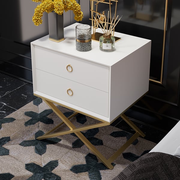 19.7" Modern White Nightstand with 2 Drawers X-Shaped Pedestal