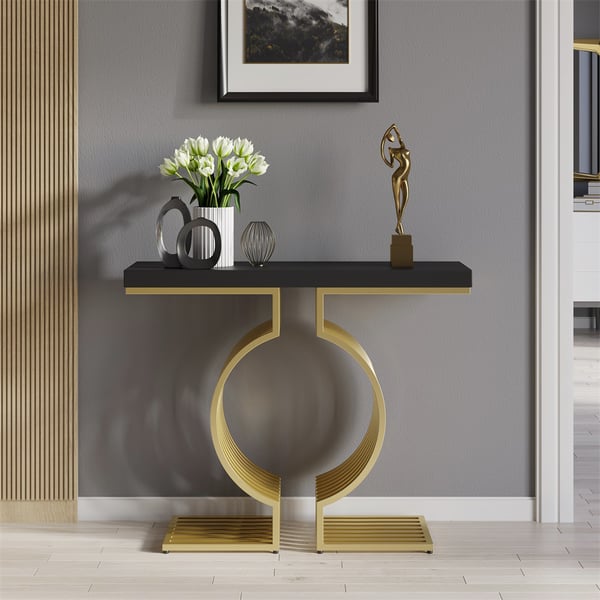39.4" Modern Narrow Console Table with Geometric Metal Base Black Entryway Table