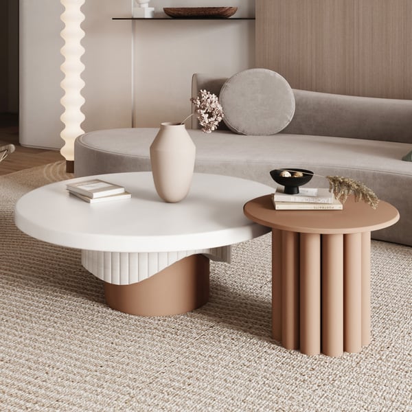 Yarnic 2-Piece Round Wood Coffee Table Set with Fluted Base in White & Walnut