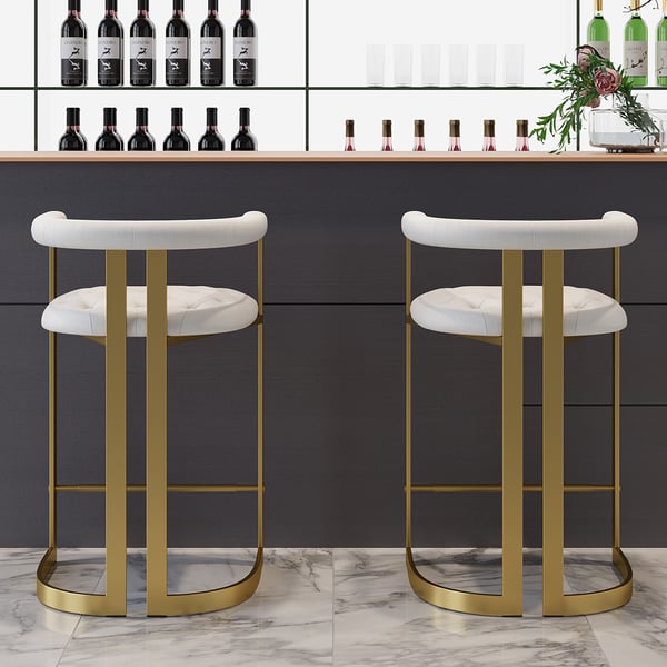 Modern Bar Height Bar Stool with Back White Upholstery Counter Stool in Gold