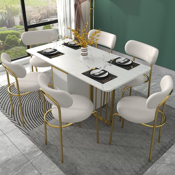 Modern Folding White Dining Table 63" with Storage Drop Leaf Gold Frame