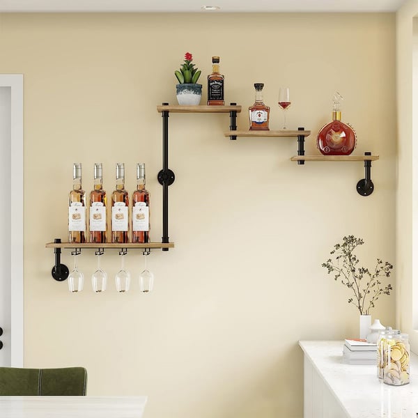 Industrial Wall Mounted Wine Rack Wood & Metal with Stemware Holder