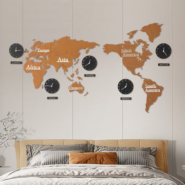 98.4" Modern World Map Wall Clock Decor Large Unique Wooden Global Time Zone Clock