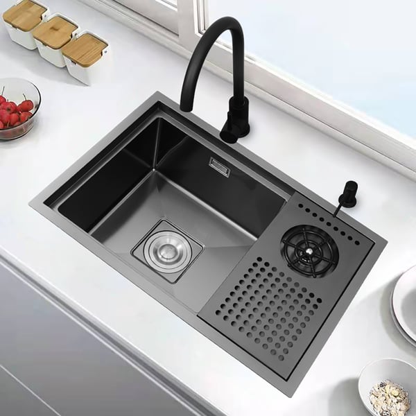 Drop-in Kitchen Sink With High-pressure Cup Rinser Glass Washer Stainless Steel in Black