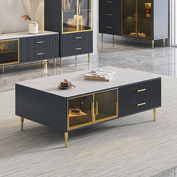 Modern Blue Coffee Table with 2 Glass Door Storage & 4 Drawers Gold Metal Legs