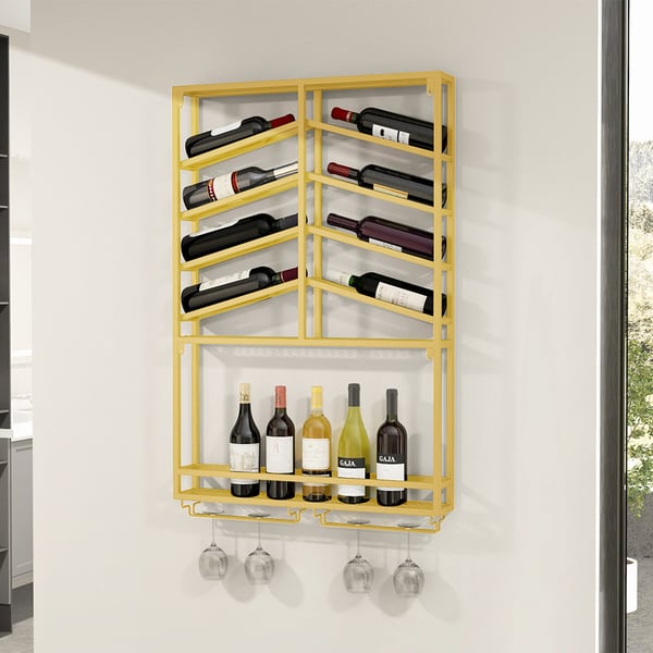 Industrial Wood&Metal Wall Mounted Gold Wine Rack with Glass & Bottle Rack