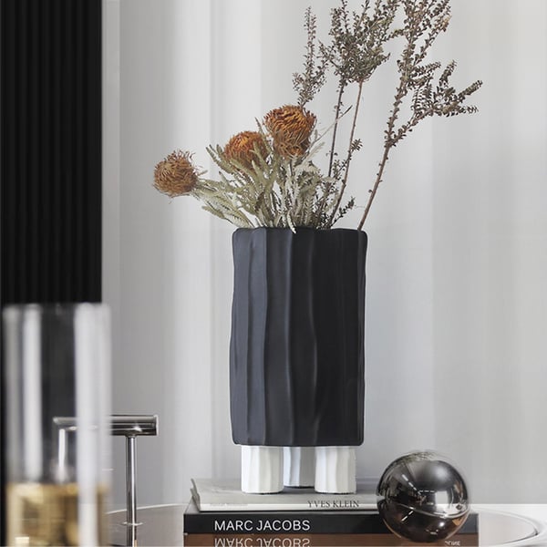 Black & White Cylinder Resin Flower Vase with Vertical Stripes Abstract Geometric Decor
