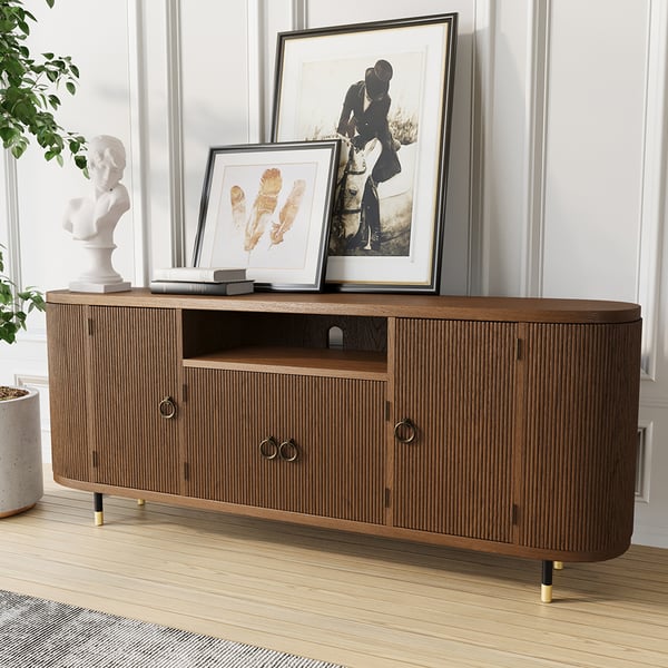 Mid-Century Walnut TV Stand Wood Media Console with 4 Shelves & 4 Doors for 70'' TV