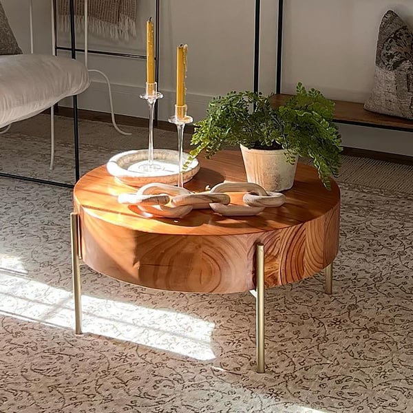 Rustic Round Coffee Table with Solid Wood Tabletop Metal Legs
