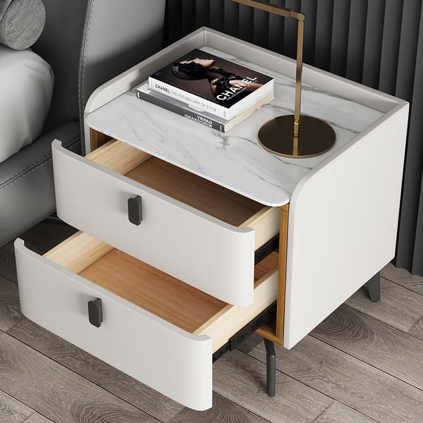 White Nightstand with 2 Drawers Faux Leather Bedside Table with Sintered Stone Top