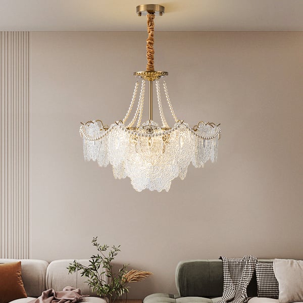 Art Deco 9-Light Tiered Glass Gold Chandelier Pearl Pendant Ceiling Light for Livingroom