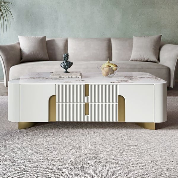 Artus Modern White Rectangular Storage Coffee Table Drawers Sintered Stone Gold Base