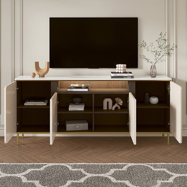 63'' Modern Beige Tall TV Stand with 4 Doors & 5 Shelves Sintered Stone Media Console 