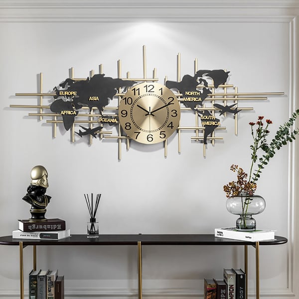 Modern Metal Large Map Wall Clock Decor Creative Silent Oversized Clocks Art 