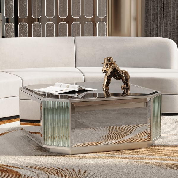 Modern Square Coffee Table Silver Mirrored Living Room Table  with Glass MDF Pedestal