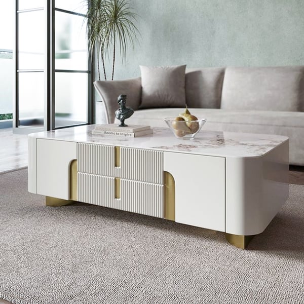 Artus Modern White Rectangular Storage Coffee Table Drawers Sintered Stone Gold Base