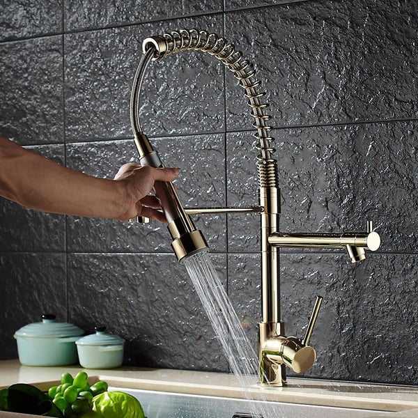 Brewst Luxury Pull Out Sprayer Kitchen Faucet Single Hole Double Spout Solid Brass
