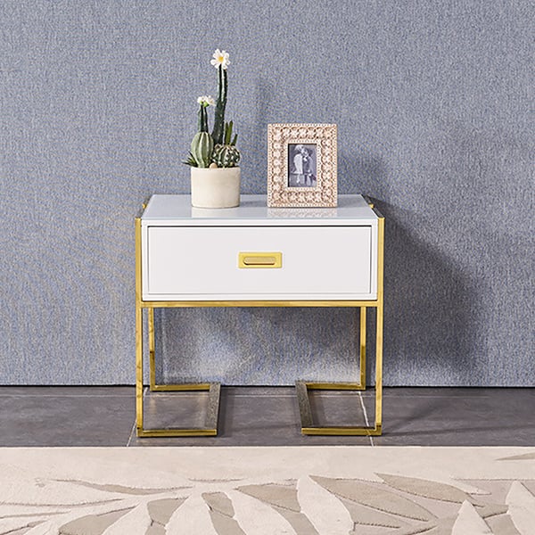Jocise Modern White Side Table Wooden End Table with 1 Drawer & Golden Double Pedestal