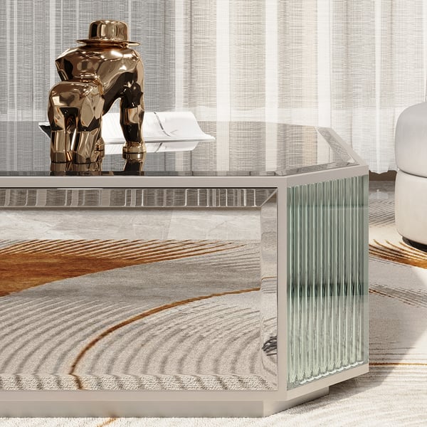 Modern Square Coffee Table Silver Mirrored Living Room Table  with Glass MDF Pedestal