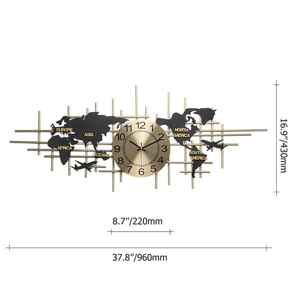 Modern Metal Large Map Wall Clock Decor Creative Silent Oversized Clocks Art 