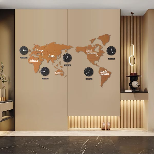 98.4" Modern World Map Wall Clock Decor Large Unique Wooden Global Time Zone Clock