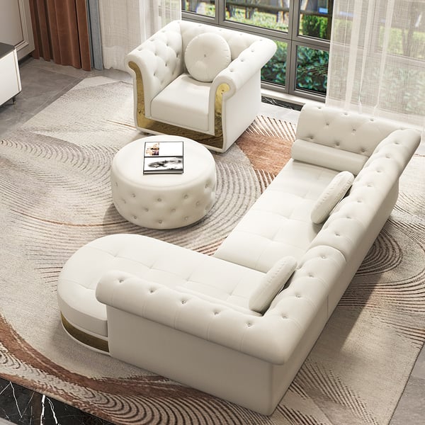Dodiy Modern L-Shaped White Corner Sectional Sofa 6-Seater with Ottoman & Pillows