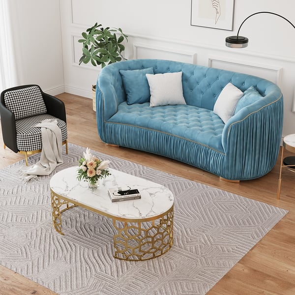 83" Luxury Modern Blue Velvet Curved Upholstered Tufted 3-Seater Sofa