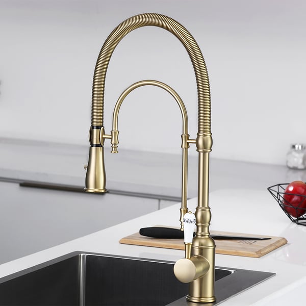 Brushed Gold High Arc Dual-Mode Pull-Down Kitchen Faucet Solid Brass Porcelain Handle