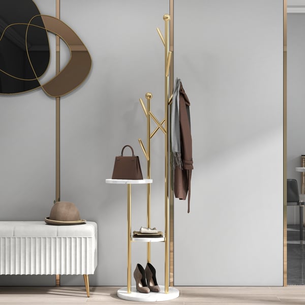 Gold Standing Coat Rack with 9 Hooks and 2 Shelves Modern Entryway Clothing Rack