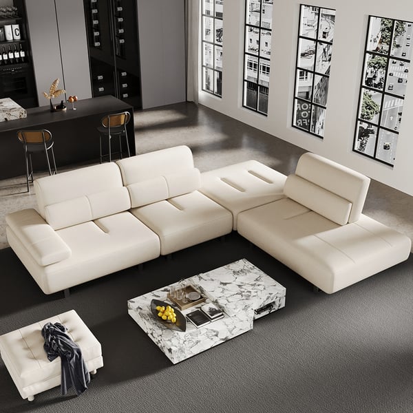 134.6" White Leather Lounge Deep Seat Sectional Sofa with Adjustable Armrest & Backrest