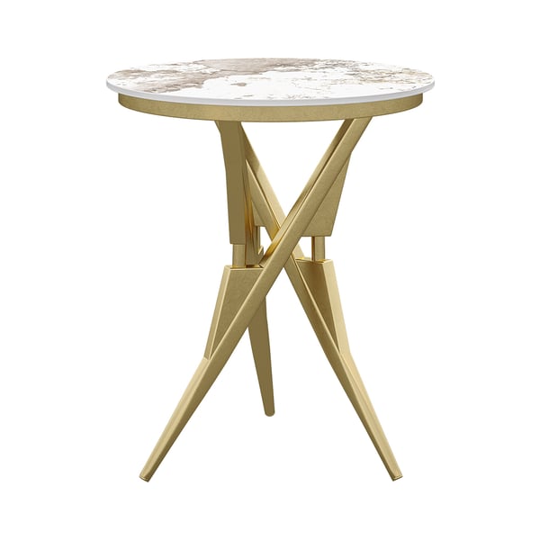  Modern White & Gold Round Side Table with Sintered Stone Tabletop End Table Metal Base