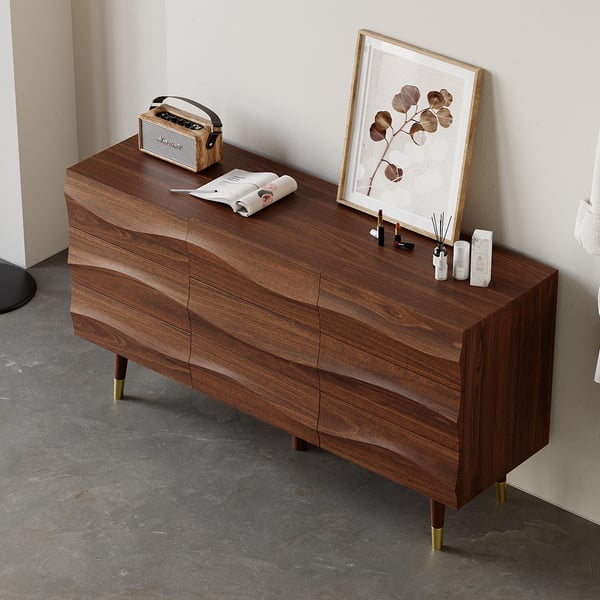 55" Mid Century Modern Walnut Wooden Dresser with 9 Drawers