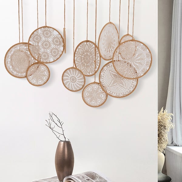 12 Pieces Boho Round Crochet Wall Hanging Decor Art Set for Living Room Bedroom