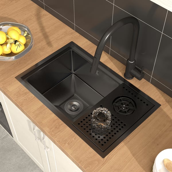 Drop-in Kitchen Sink With High-pressure Cup Rinser Glass Washer Stainless Steel in Black
