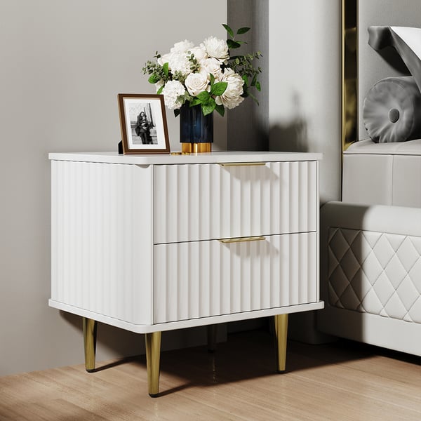 Modern White Nightstand 2 Drawer Bedside Table with Gold Legs